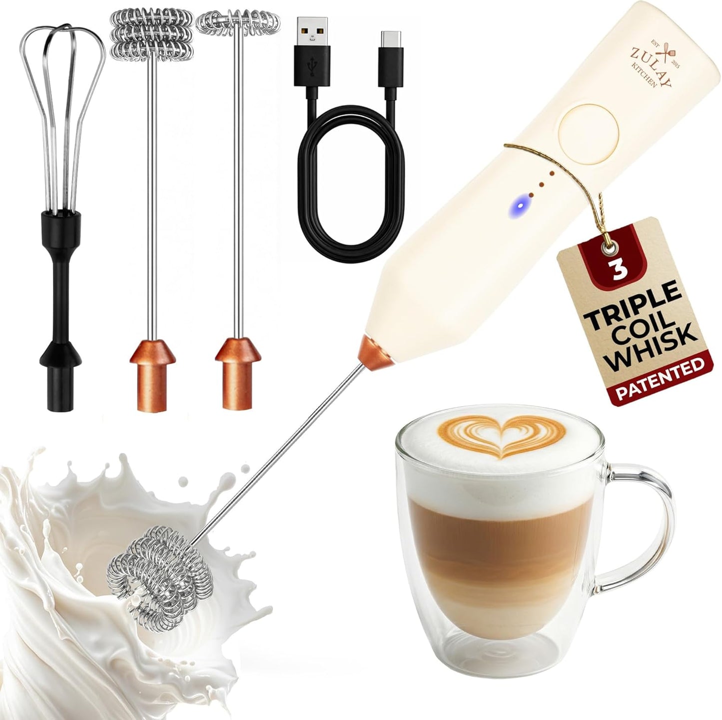 Zulay Kitchen Rechargeable Milk Frother - 3 Speed Drink Mixer with 3 Whisk Attachments - Cream Copper