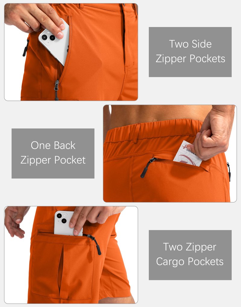 Pudolla Men's Hiking Cargo Shorts 9" Lightweight Outdoor Work Shorts for Men Travel Golf Camping Casual with 5 Zipper Pockets(Orange Large)