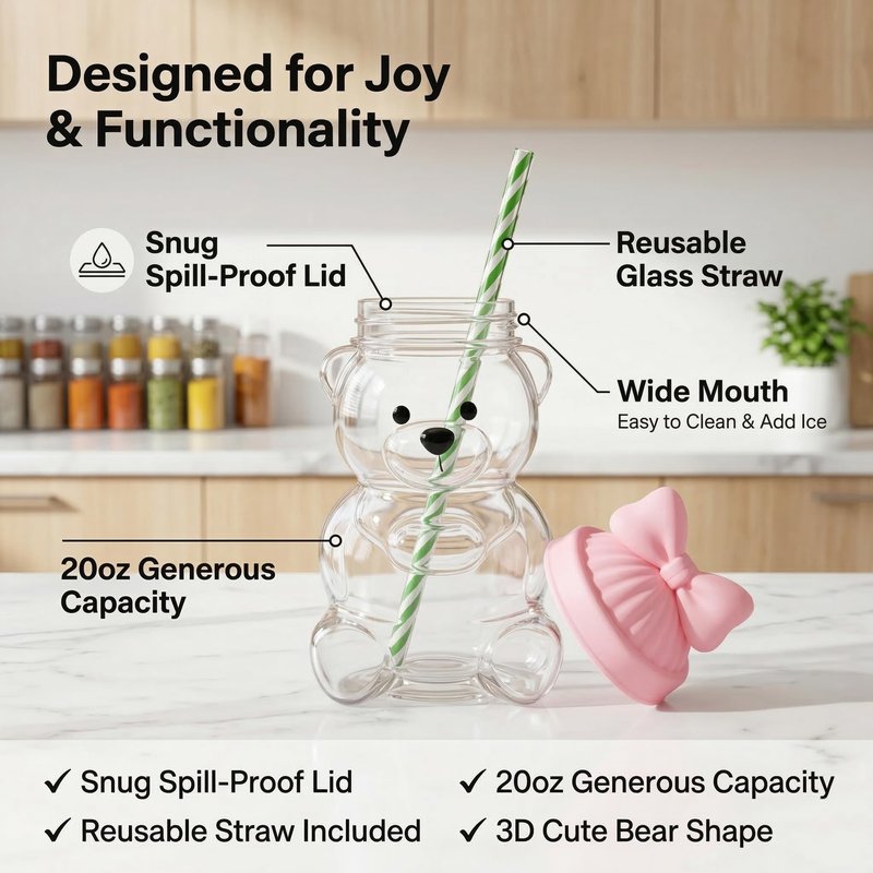 Glass Bear Cup with Straw and Lid, 20oz Cute Teddy Bear Shaped Drinking Tumbler, High Borosilicate Reusable Iced Coffee Mug for Boba Tea, Smoothies, Cocktails, Aesthetic Gift for Women (Pink bow)