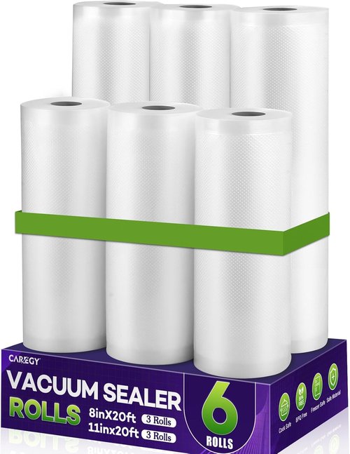 CAREGY Food Vacuum Sealer Rolls - 6 Pack BPA-Free Embossed Bags | 3 Rolls 8'' x 20' & 3 Rolls 11'' x 20' for Meal Prep & Sous Vide Cooking