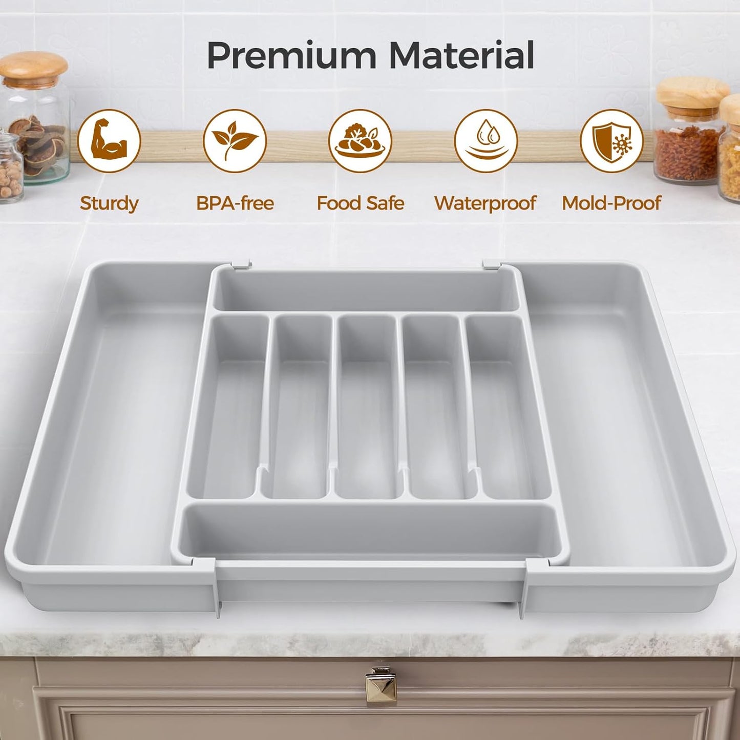 Ukeetap Extra Large Expandable Silverware Organizer - BPA-Free Cutlery Holder | Adjustable Gray Design