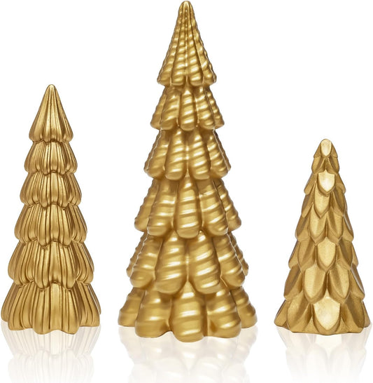 Warmtree Gold Christmas Tree Figurines Set - 3 Small Resin Tabletop Decorations for Festive Home Decor