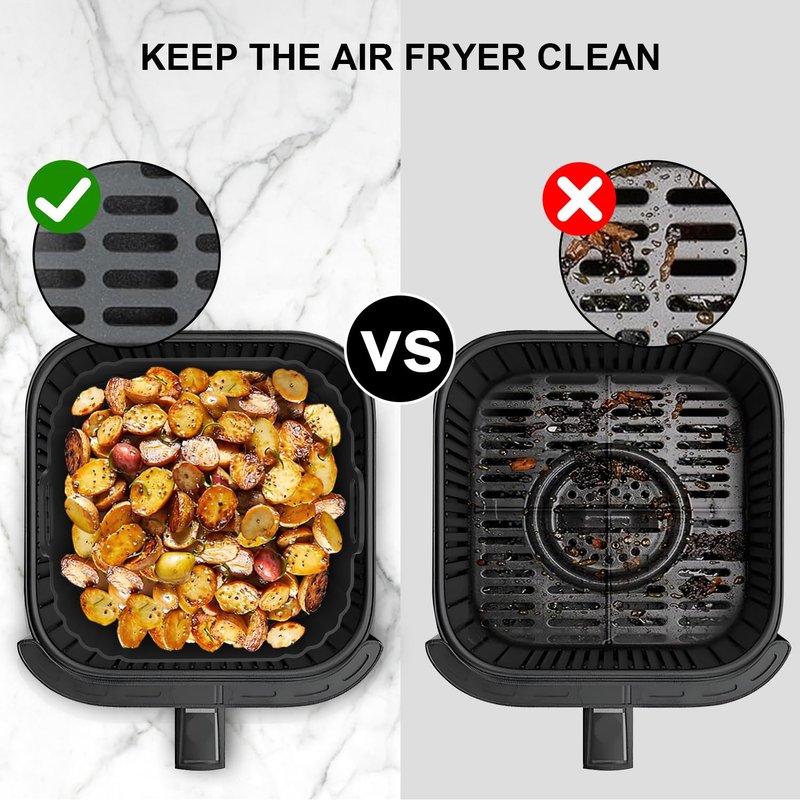 PINTAUR Square Silicone Air Fryer Liners 2 Pack, Compatible with Ninja AF141 181, 8.5 Inch Air Fryer Liners for COSORI 5-6.5 QT, Reusable Silicone Basket, Air Fryer Accessories