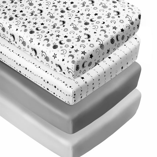 FIGEPO 4 Pack Star and Moon Neutral Unisex Fitted Baby Crib Sheets Set for Baby Boys or Girls