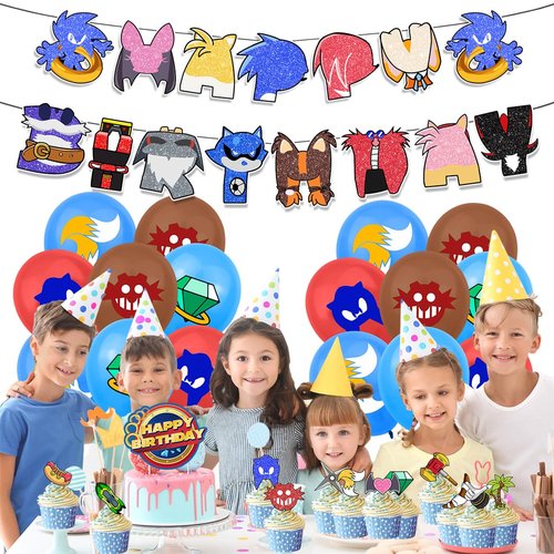 Blue Hedgehog Party Decorations,Blue Hedgehog Birthday Supplies Include Birthday Banner,Balloons,Cake Topper and Cupcake Toppers