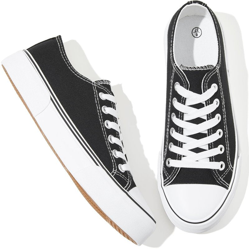 Adokoo Canvas Tennis Shoes for Women Low Top Casual White Black Sneakers for Women Lace Up Fashion Comfortable Walking Shoes (Black,8)