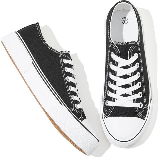 Adokoo Canvas Tennis Shoes for Women Low Top Casual White Black Sneakers for Women Lace Up Fashion Comfortable Walking Shoes (Black,8)