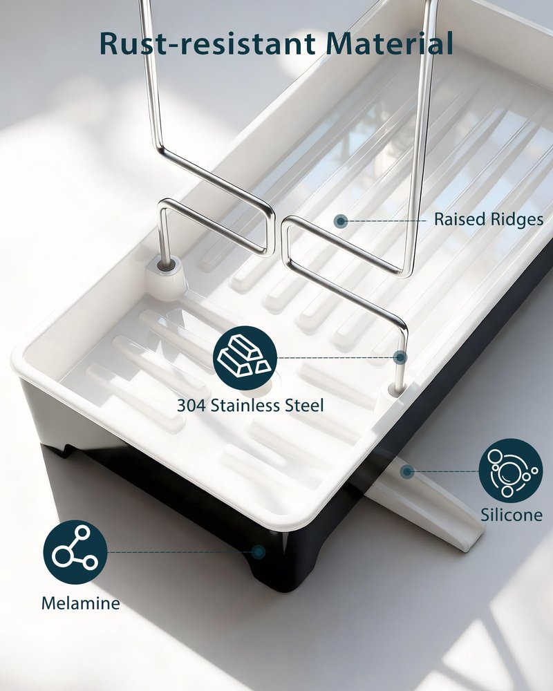 Caumic Minimalist Sink Caddy, Rustproof Sponge Holder for Kitchen Sink with 304 Stainless-Steel Brush Holder, Countertop Rack Organizer with Raised Ridges & Silicone Drain Tube (Black, Large)