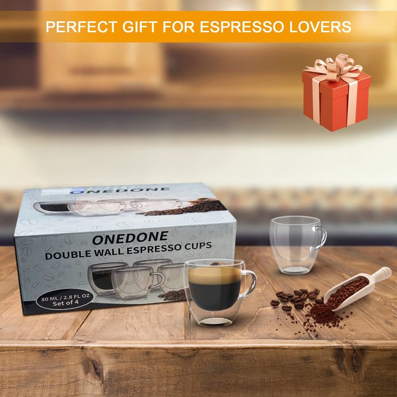 ONEDONE Espresso Cups Set of 4-2.8 OZ Double Walled Glass Hand Blown Espresso Shots Glass Thermo Insulated Expresso Coffee Mugs with Handle Small Demitasse Cups for Espresso Machine