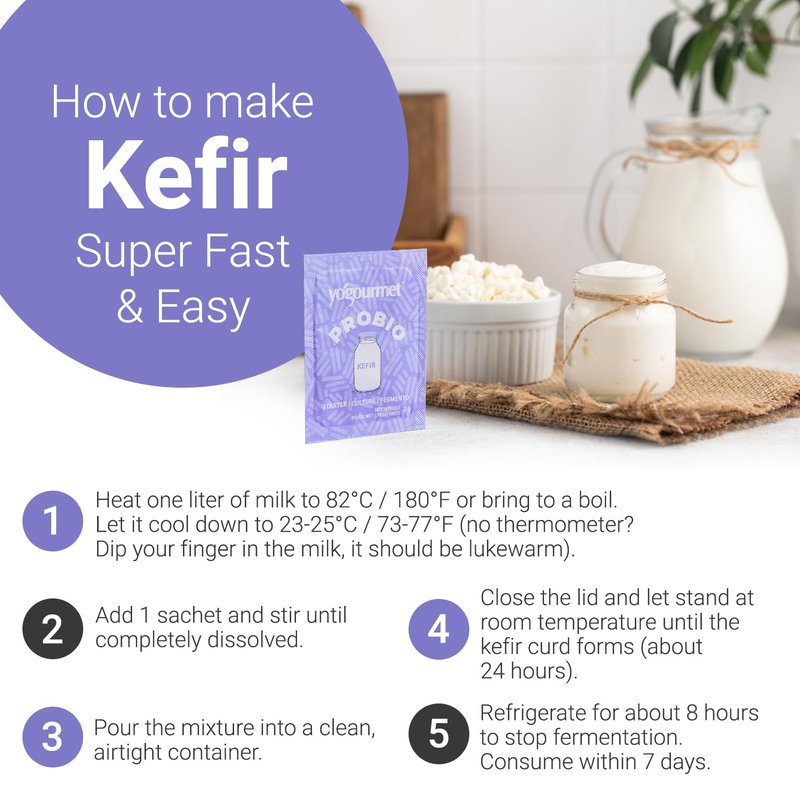 Yogourmet Kefir Starter with Probiotics (6 Sachets = 6 Quarts of Kefir) - Make Kefir at Home - Starter Culture - All Natural, Gluten Free, Kosher, Halal - 3 g Sachets