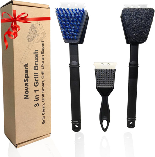 Skiennix Nylon Grill Brush - Safe Bristle-Free BBQ Cleaner Kit | 3-Piece Outdoor Grill Scraper Set