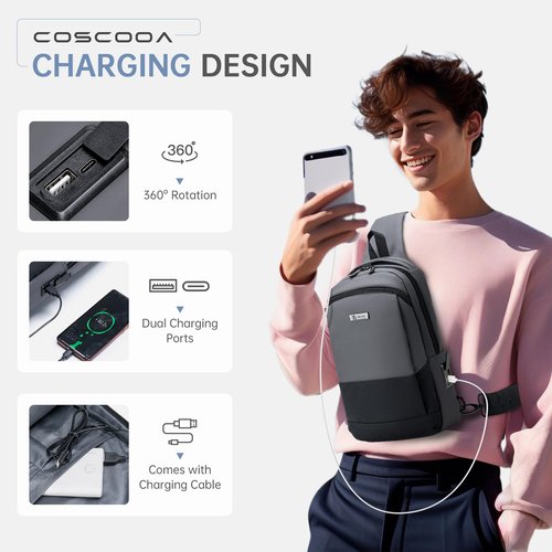 COSCOOA Sling Bag for Men, Anti-theft Crossbody Bag with USB Charging Port, PU Leather Shoulder Bag for Women Travel Outdoor Casual Sports Daypacks