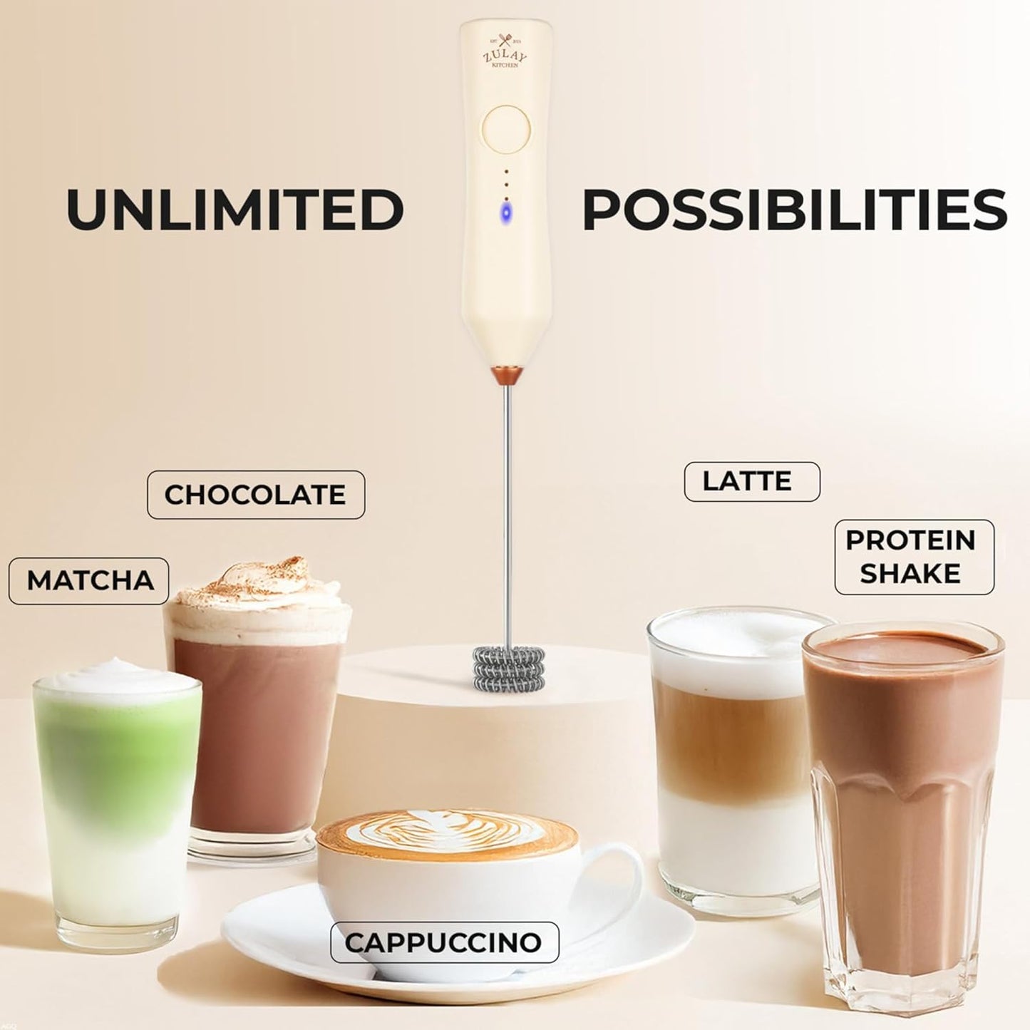 Zulay Kitchen Rechargeable Milk Frother - 3 Speed Drink Mixer with 3 Whisk Attachments - Cream Copper