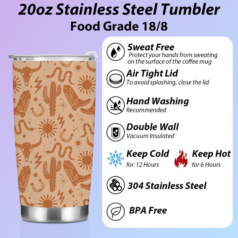 Birthday Christmas Decor Boho Western Coffee Tumbler, 20 oz Tumblers, Insulated Coffee Mug, Stainless Steel Thermal Cup Travel Coffee Cup, Cow Print Stuff Western Gifts for Women Men Coworker