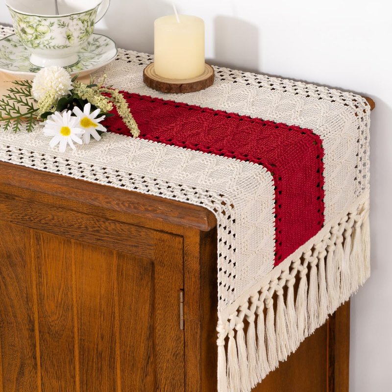 Socomi Boho Table Runner Easter Spring Farmhouse Rustic Dining Kitchen Centerpiece Decor Small Macrame Woven Cotton Linen Coffee Table Runner for Dresser Scarf Home Decor 12x60 in Red Ivory