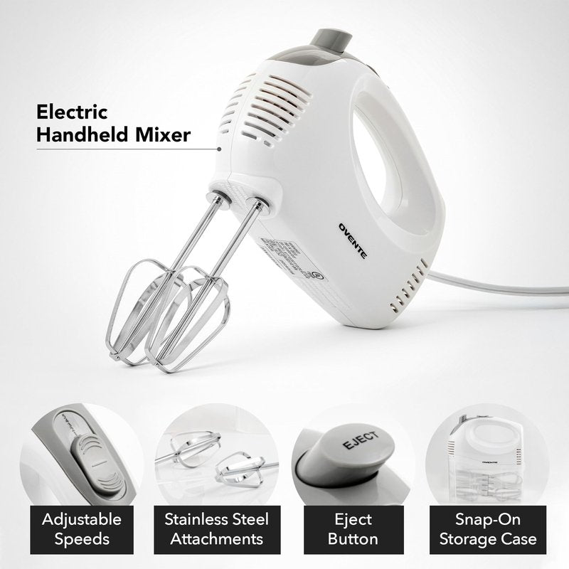 OVENTE 5-Speed Corded Electric Hand Mixer with Stainless Steel Whisks, Compact Portable Design with Snap-On Storage Case,150W Lightweight Handheld Mixer for Baking & Cooking, White HM151W
