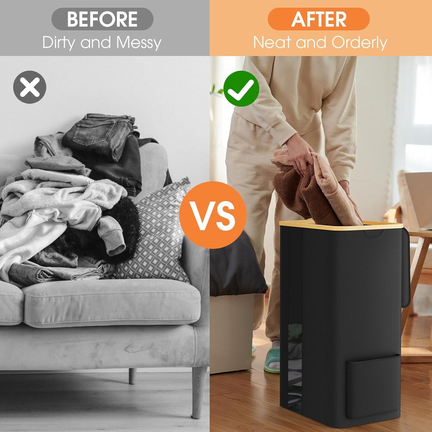 SpaceTrove Laundry Basket - Large 100L Collapsible Hamper with Lid & Removable Bag | Stylish Black Design for Bedroom & Bathroom