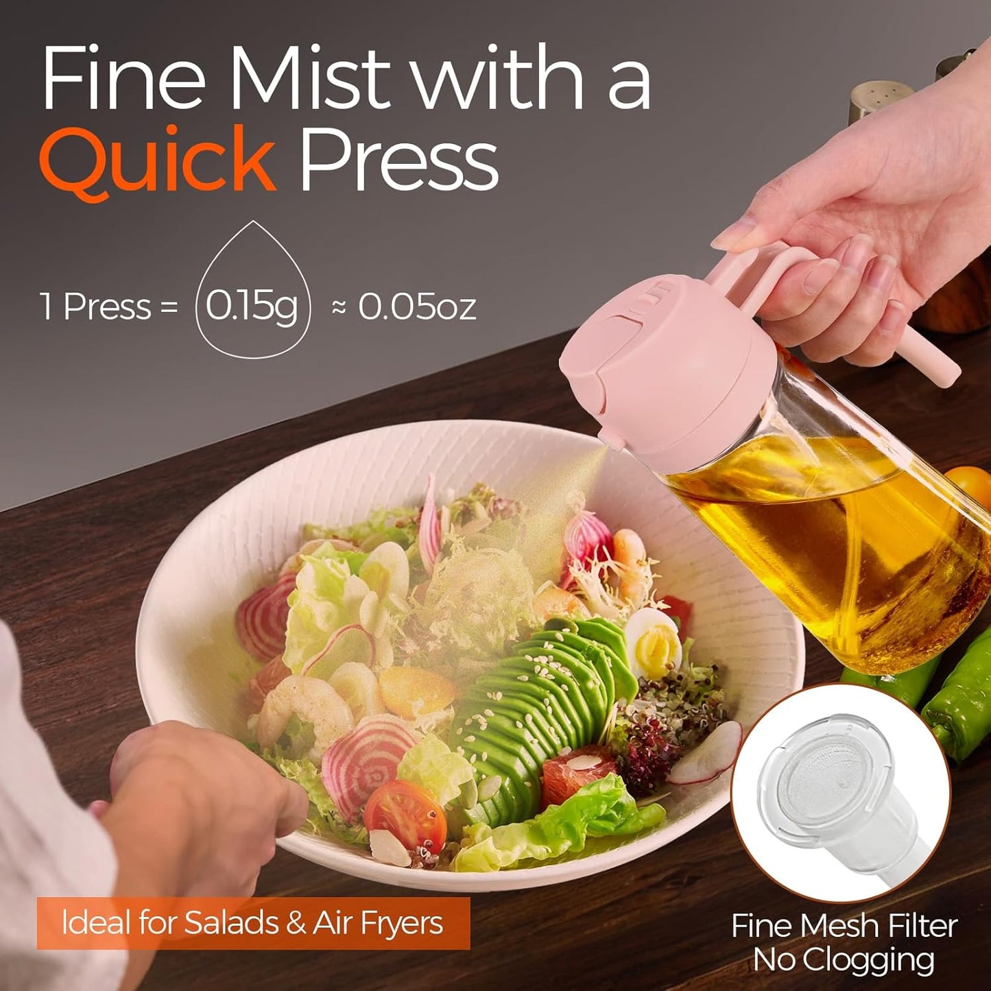 YARRAMATE 16oz Glass Olive Oil Sprayer - 2-in-1 Food Grade Premium Kitchen Dispenser | Peach Pink