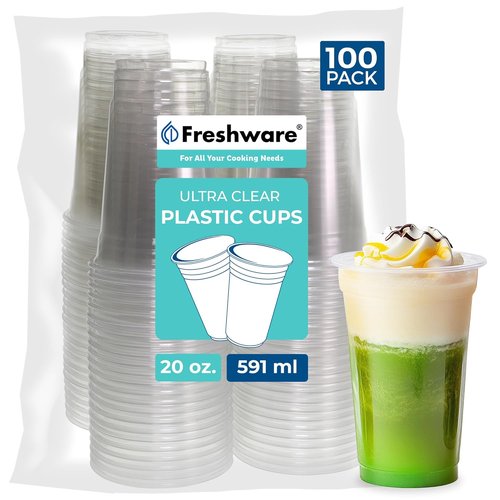 Freshware Clear Plastic Cups - 20 oz Disposable Cups for Iced Coffee, Smoothies & Cold Drinks | 100 Pack
