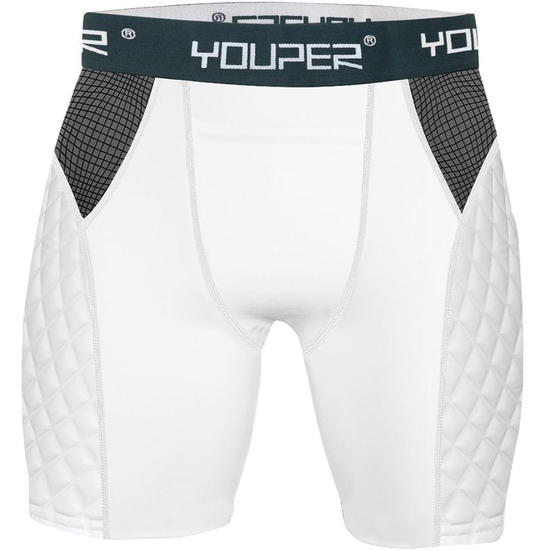 Youper Adult Elite Compression Padded Sliding Shorts w/Cup Pocket for Baseball, Football (White, Medium)