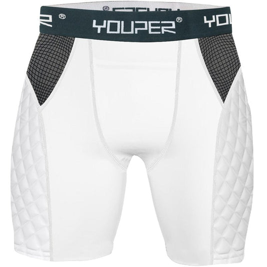 Youper Adult Elite Compression Padded Sliding Shorts w/Cup Pocket for Baseball, Football (White, Medium)