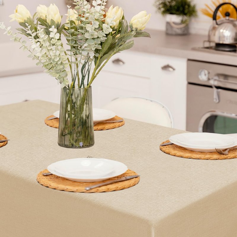 Hereisa Linen Textured Rectangle Tablecloth, Waterproof & Stain Resistant Fabric Table Cloth, Wrinkle Free Linen Dining Decorative Farmhouse Table Cover for Dining/Buffet/Wedding, 52 x 70 Inch, Beige