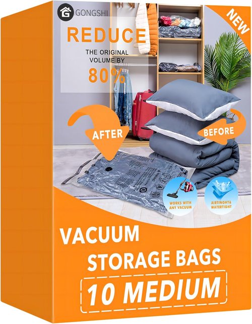 GONGSHI Vacuum Storage Bags - Space Saver Seal Bags for Clothing & Travel | 10 Medium Size