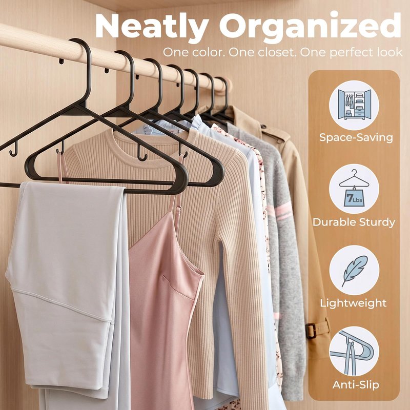 HOUSE DAY Plastic Hangers 20 Pack, Space Saving Clothes Hangers with Built-in Hooks, Durable & Strong Closet Organizers and Storage, Dorm Room Essential, Perfect for Shirts, Coat, Pants, Dress - Black