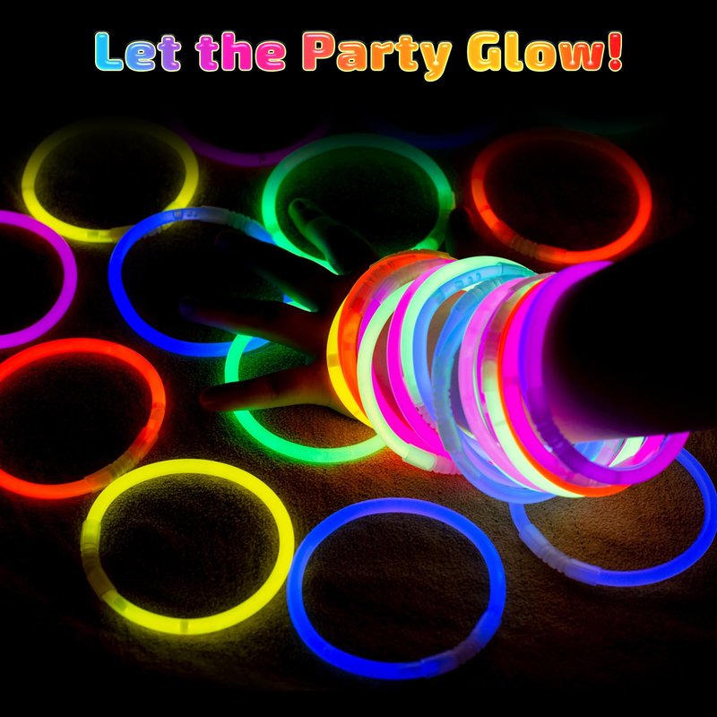 HONLYNE 100 Pack Glow Sticks Party Favors Bulk, 8" Glow in the Dark Party Supplies, Party Favors for Kids 8-12, Neon Glow Stick Bracelets & Necklaces for Raves, Halloween, Christmas, Birthdays
