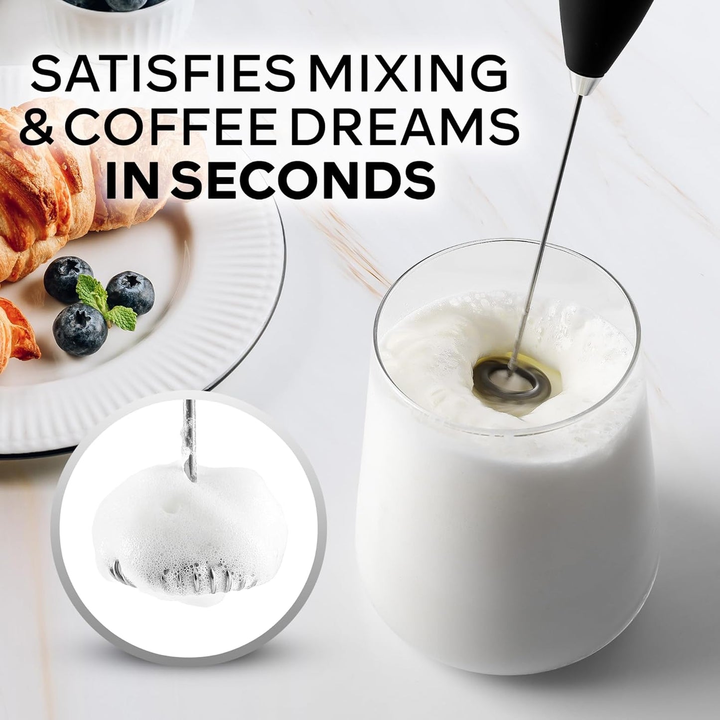 Zulay Kitchen Milk Frother Wand - Ultra-Fast Handheld Drink Mixer with 4 AA Duracell Batteries | Metallic Black