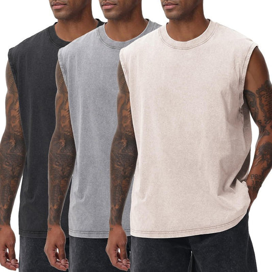 SnowElve 3 Pack Mens Workout Tank Tops Sleeveless Tee Shirts Men Muscle Shirt Gym Acid Wash T Shirts Running Beach Loose Fit Tee(ACGYBK,3XL)