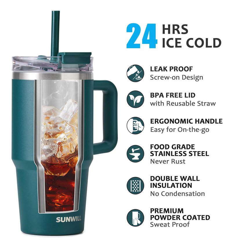 SUNWILL Coffee Tumbler with Handle, 20 oz Travel Mug with Lid and Straw Insulated, Stainless Steel Cup Leak Proof for Travel & Outdoor, Cupholder Friendly, Powder Coated Deep Teal