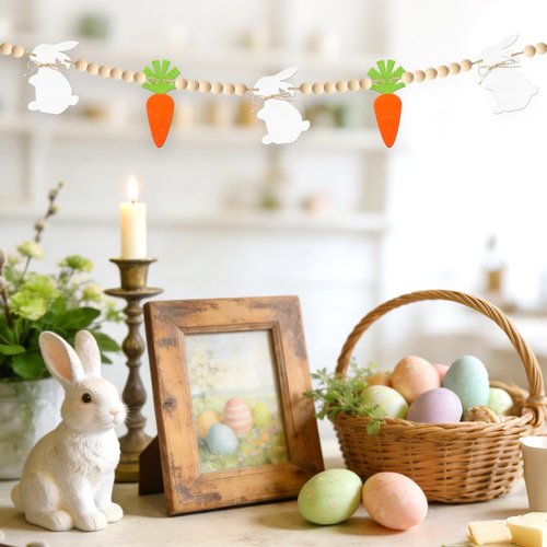 Easter Decorations Pre-Assembled Easter Garland Wooden Bunny Carrot Garland with Beads Easter Decor Rustic Banner for Mantel Fireplace Home Party Farmhouse Spring Decor Wall Decor
