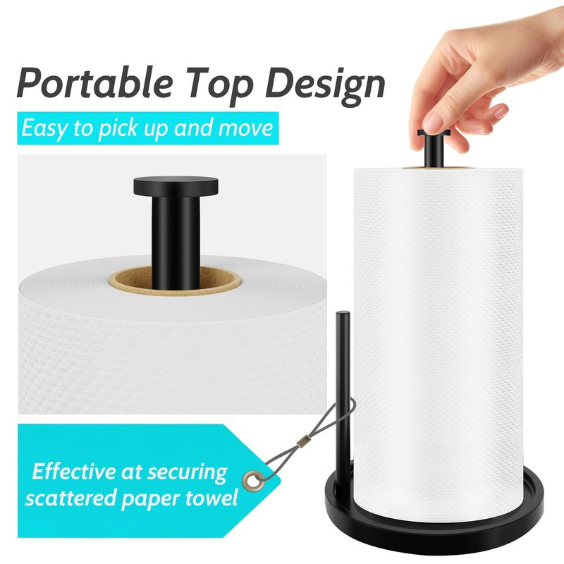 Paper Towel Holder Countertop, Standing Paper Roll Holder with Anti Slip Weighted Base, Stainless Steel Freestanding Paper Towel Holder for Kitchen, Black