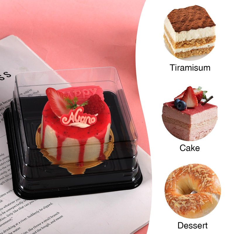 Hewnda 50 Pack Black Cake Pans,Bottom 5Inch X Heigh 2.2Inch Clear plastic mini cake box muffins box cookies box wedding birthday gift box