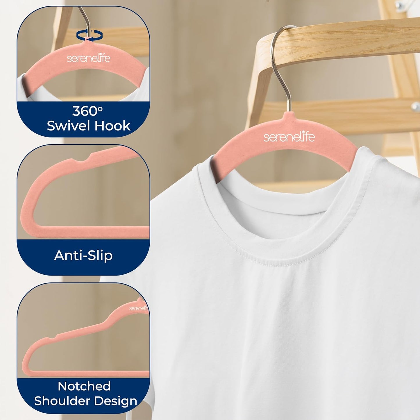 SereneLife Velvet Hangers - Non-Slip Felt with 360° Swivel Hook | Ultra-Thin & Space-Saving Design for Shirts, Sweaters, Dresses & More