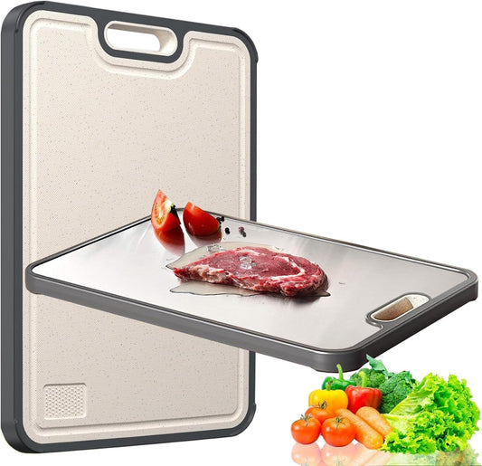 Stainless Steel Cutting Board - Double-Sided 304 Stainless & Wheat Straw | Non-Slip, Easy to Clean, Dishwasher Safe (16 x 11 In)