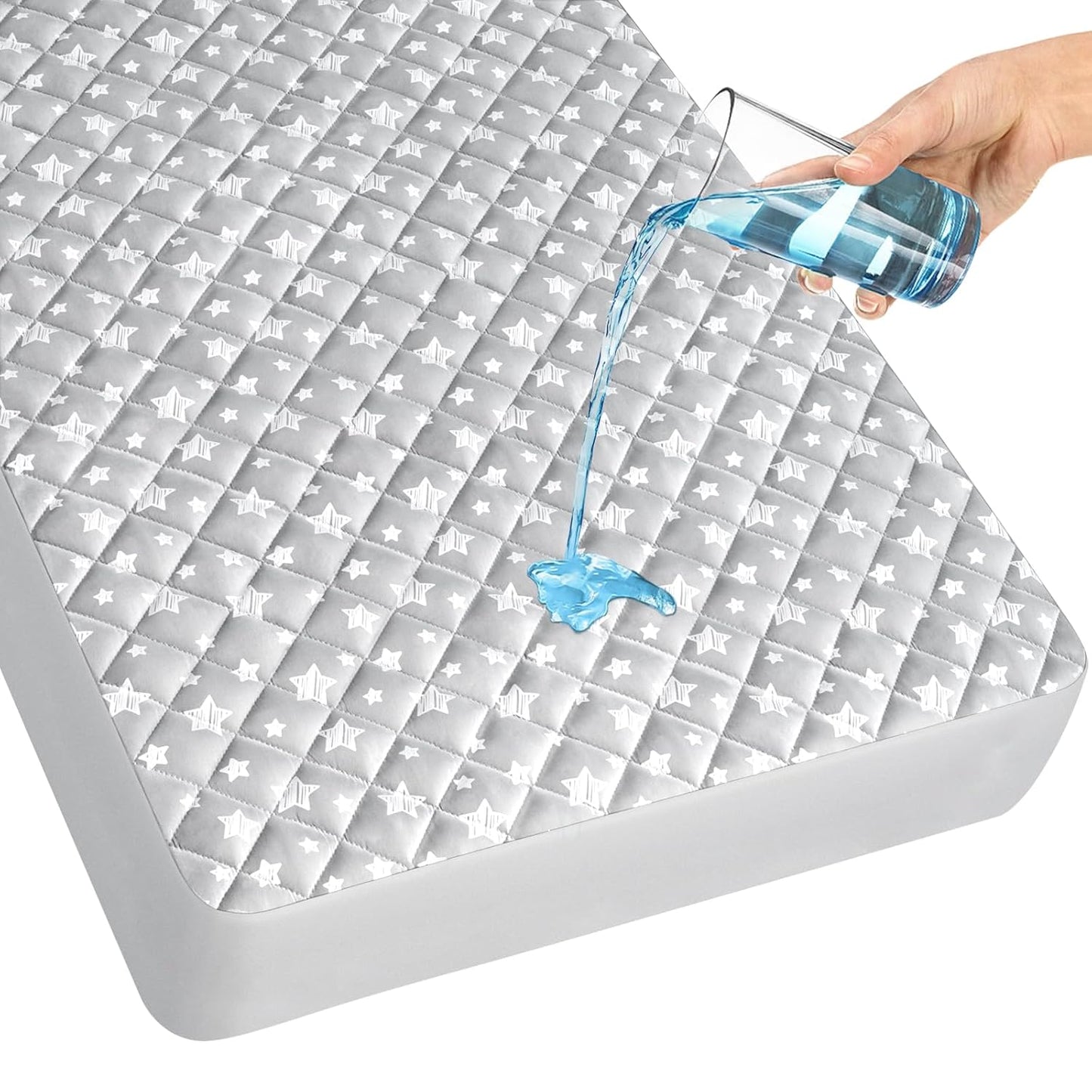 Skiennix Crib Mattress Protector - Waterproof Quilted Pad Cover, Extra Soft & Breathable, 52" x 28", Grey Star