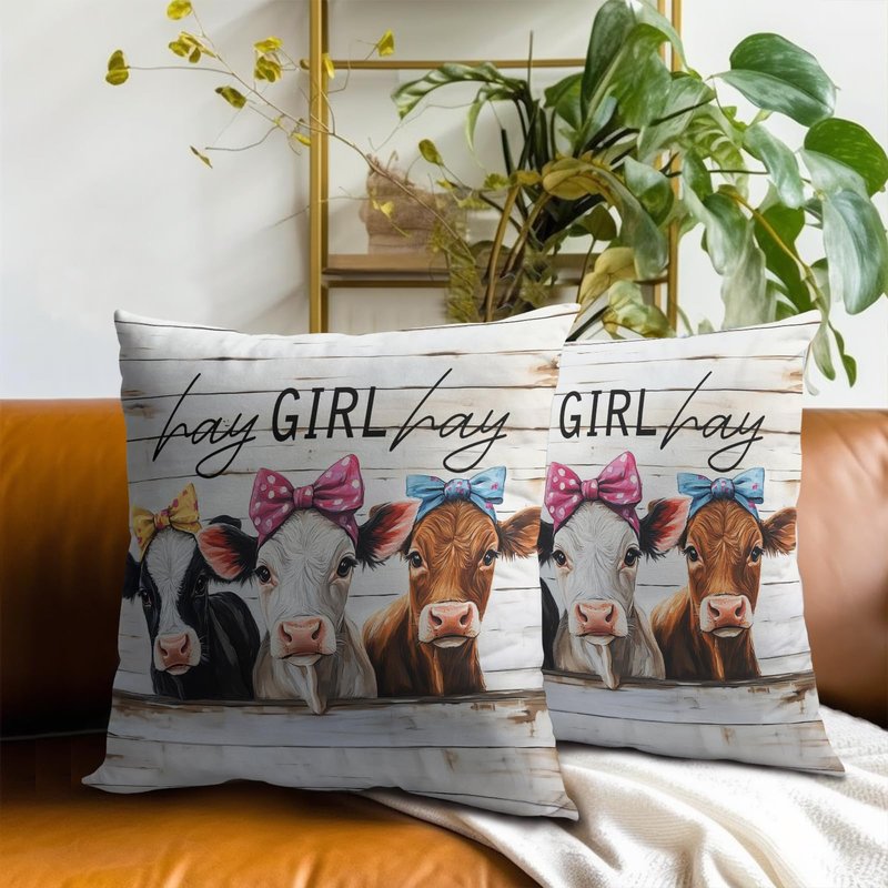 Giwawa Farmhouse Cow Throw Pillow Covers 18x18 Inch Hay Girl Hay Decorative Pillowcase Set of 2 Couch Cushion Covers for Home Living Room Patio