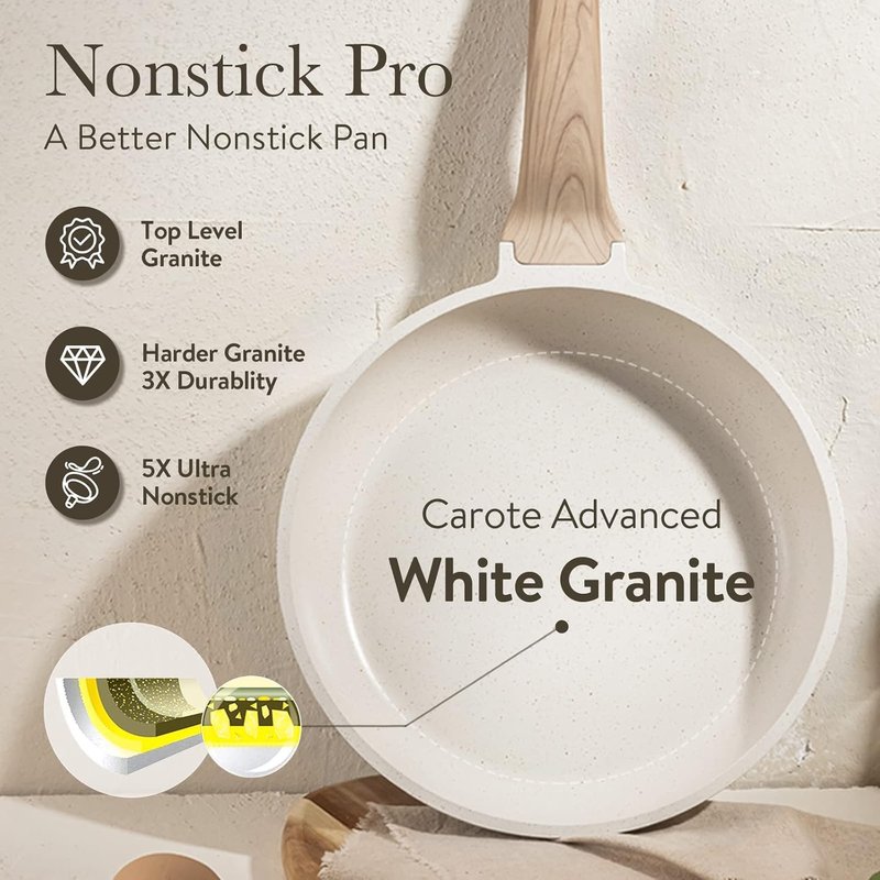 CAROTE 8 Inch Non Stick Frying Pan with Lid,White Granite Nonstick Skillet Omelet Pans, Egg Pan Granite Cookware, PFOS & PFOA Free