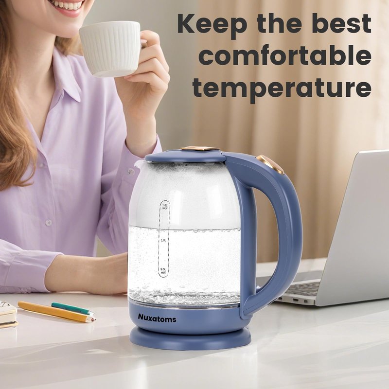 Nuxatoms Glass Electric Kettle, No Plastic Contact With Water, 1.8L Electric Tea Pot, Automatic Shut-off, Borosilicate glass Visual Boiling, Water Heater & Teapot Perfect For Tea & Coffee