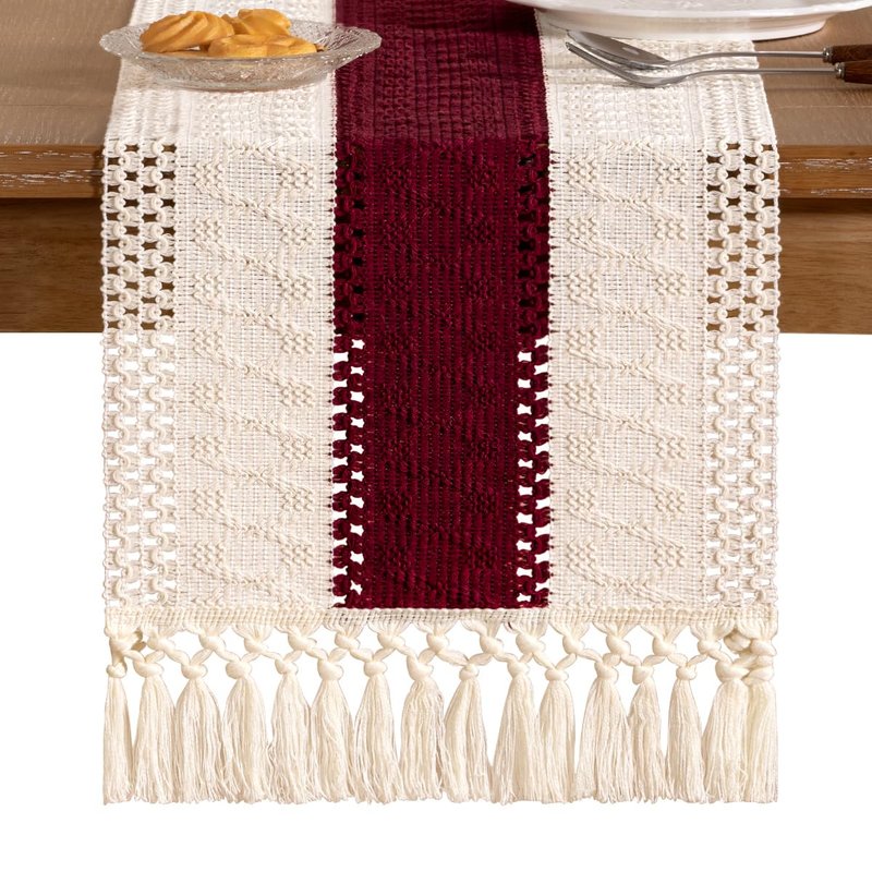 Socomi Boho Table Runner Easter Spring Farmhouse Rustic Dining Kitchen Centerpiece Decor Small Macrame Woven Cotton Linen Coffee Table Runner for Dresser Scarf Home Decor 12x60 in Burgundy Ivory