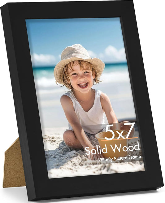 Vittanly 5x7 Picture Frame - Solid Wood & Shatterproof Plexiglass | Black Photo Frame for Wall or Tabletop Display