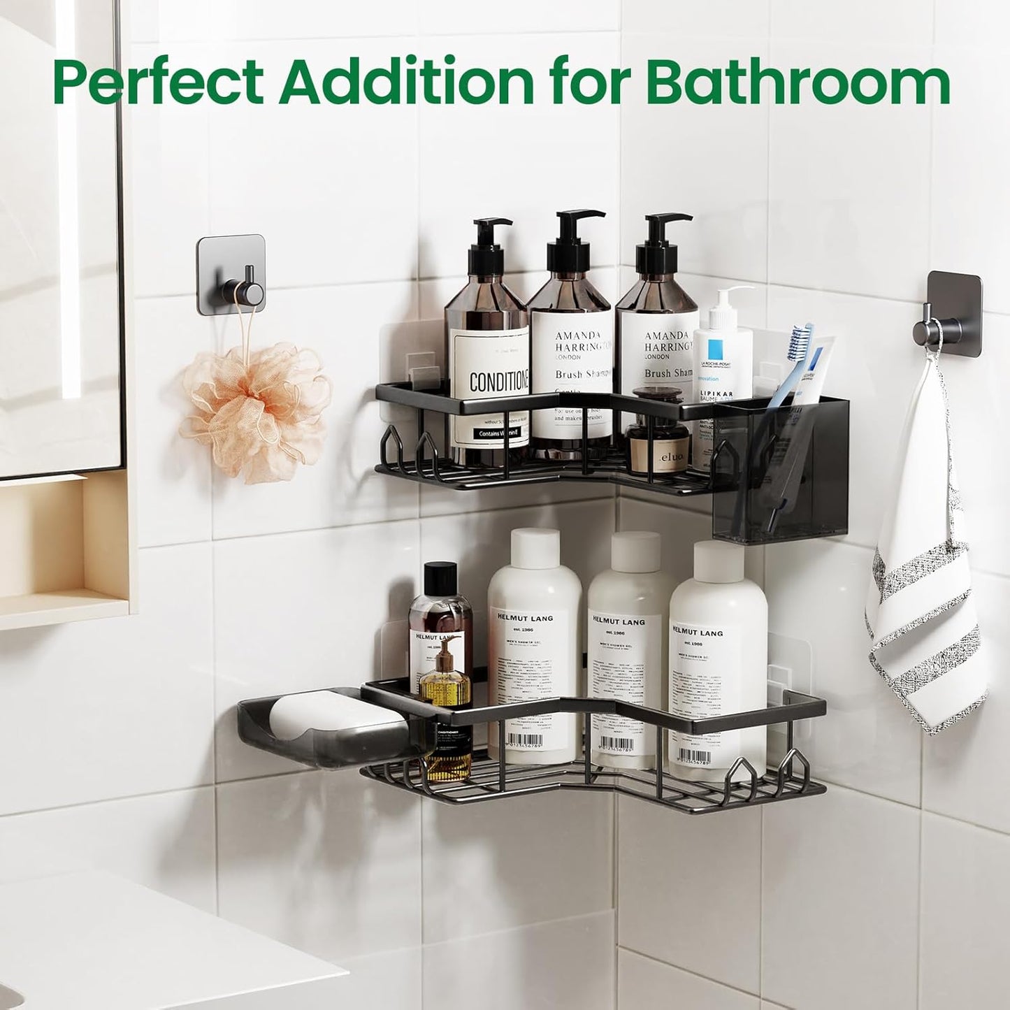 Skiennix Adhesive Shower Caddy - 2 Pack Rustproof Stainless Steel Corner Shelves | No Drilling, Large Capacity