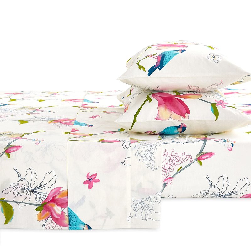Wake In Cloud - Floral Bed Sheets, 100% Cotton, 4-Piece Sheet Set, Bird Patterned Printed Botanical Boho Flower Aesthetic Bedding, Deep Pocket, Pink Beige, King Size