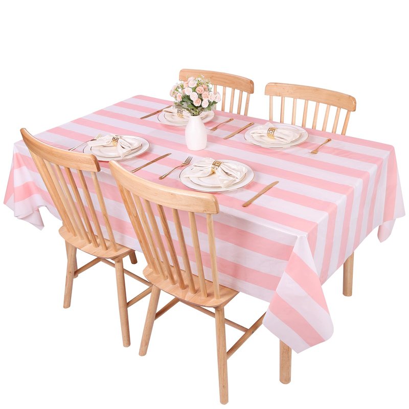Kesfey 3 Packs Pink and White Vertical Striped Tablecloth 54 x 108 Inch Pink Stripe Table Cloths Disposable Plastic Stripe Table Covers Waterproof Pink Striped Picnic Table Cover for Birthday Party