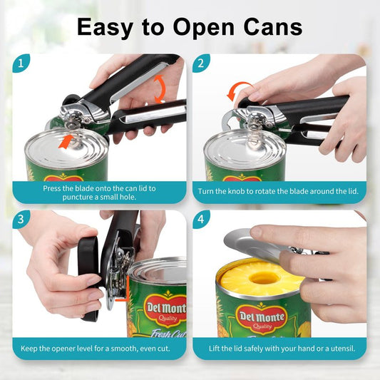 Ultrean Can Opener Manual, Heavy Duty Stainless Steel Smooth Edge Can Opener with Ergonomic Handles and Oversized Easy Turn Knob for Seniors, Black