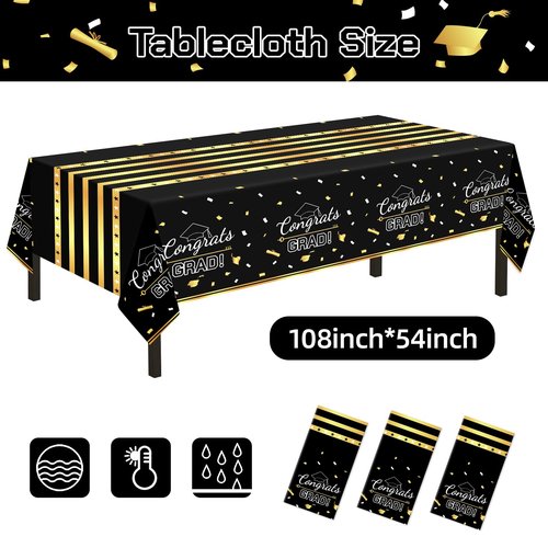 Childom 3 Pack Graduation Tablecloth,Graduation Decorations Class of 2026 Graduation Party Decorations,54"x108" Black and Gold Plastic Table Cloth Disposable Rectangle for Home,School,Party Supplies