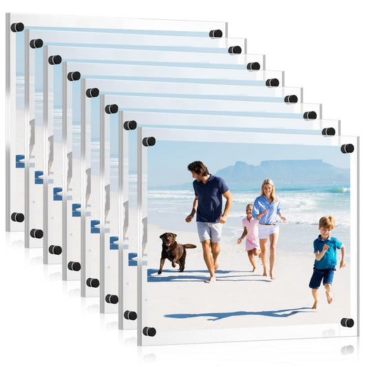 Yalikop 8 Pcs Acrylic Floating Picture Frame 8.5 x 11 Inches Wall Mount Frameless Photo Frames Double Panel Clear for Home Office Photo Display, Full Size 9.6 x 13.2 Inch (Black)