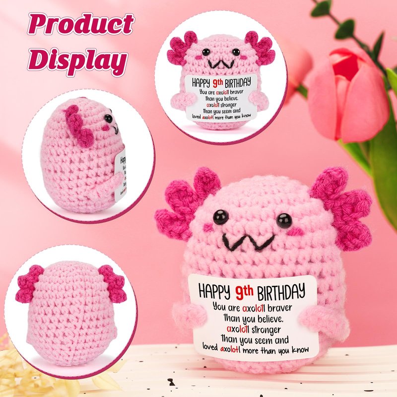 WEYON 9 Year Old Girl Birthday Gift Ideas, Mini Crochet Axolotl Plush for 9th Birthday Gift for Girls, 9th Pink Decorations, 9 YO Presents Axolotl Toy